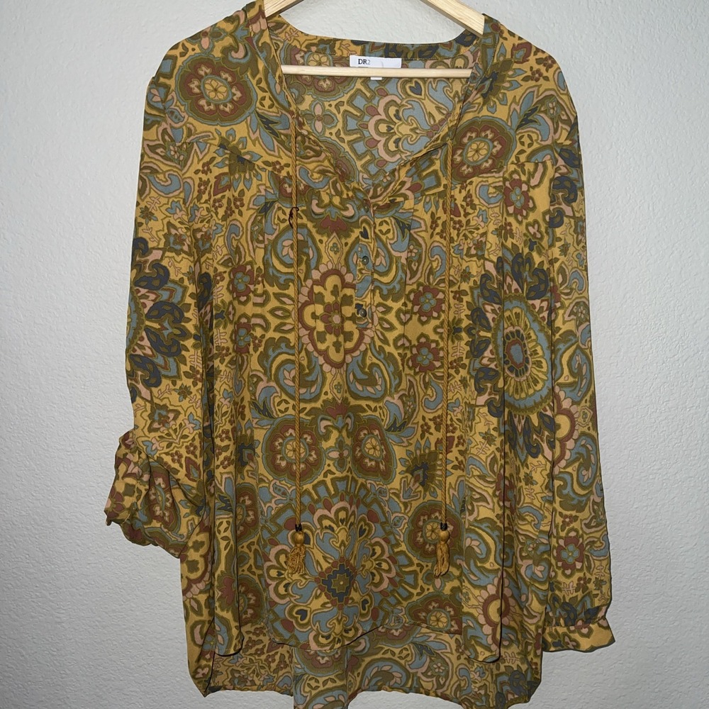 DR2 by Daniel Rainn GOLD/MUSTARD Geometric Blouse Top Woman's SX XXL